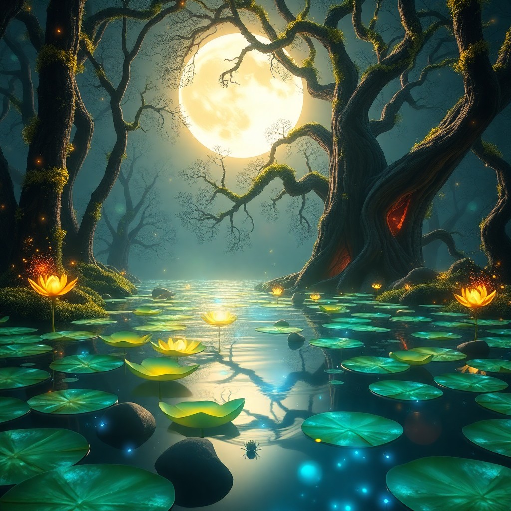 AI generated art for prompt: An enchanting digital art scene depicts an otherworldly moonlit forest from an insect's vantage poin