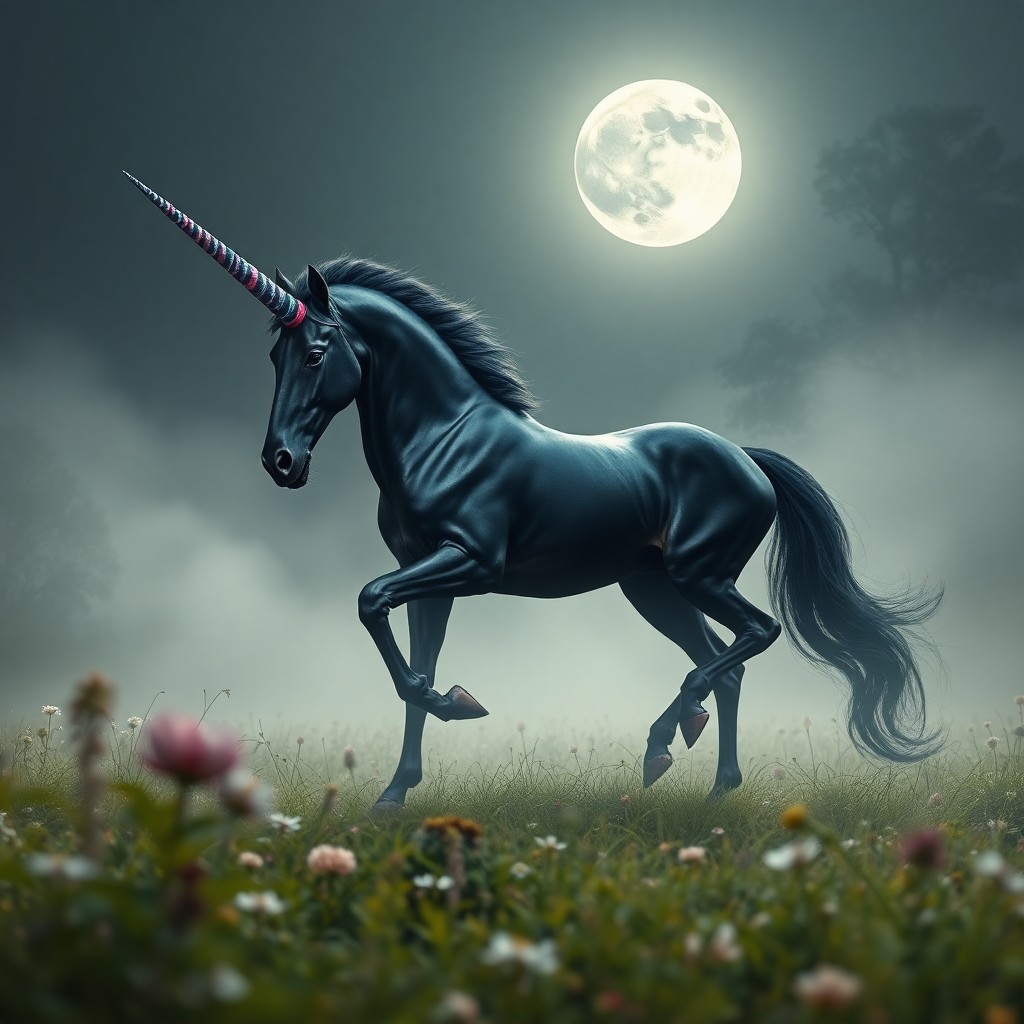 AI generated art for prompt: A surrealistic scene depicting a majestic black unicorn gracefully prancing through a misty meadow, 