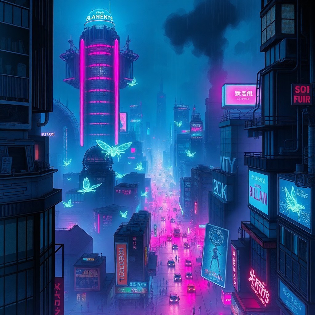 AI generated art for prompt: A futuristic cyberpunk cityscape is depicted from an elevated perspective, reminiscent of Moebius' d