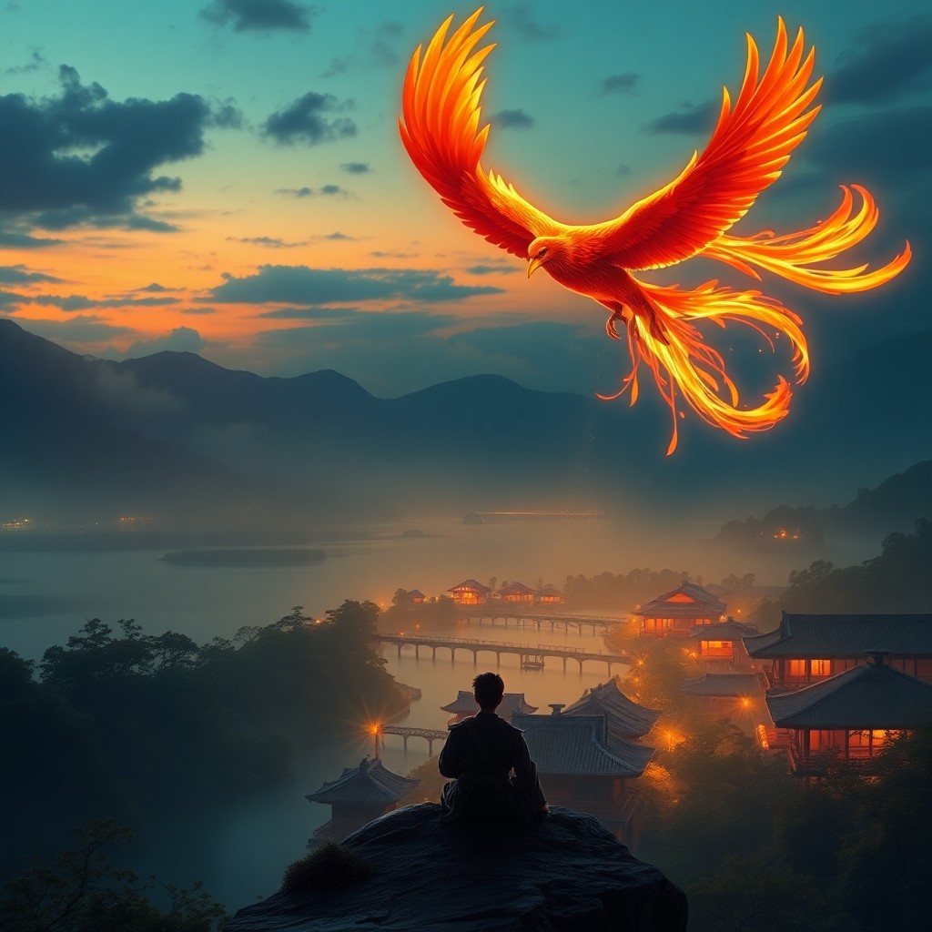 AI generated art for prompt: An awe-inspiring digital artwork depicting a phoenix soaring majestically above a tranquil Japanese 