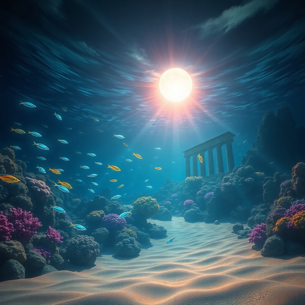 AI generated art for prompt: A mesmerizing digital art scene depicting a vibrant coral reef beneath the moonlit ocean surface at 