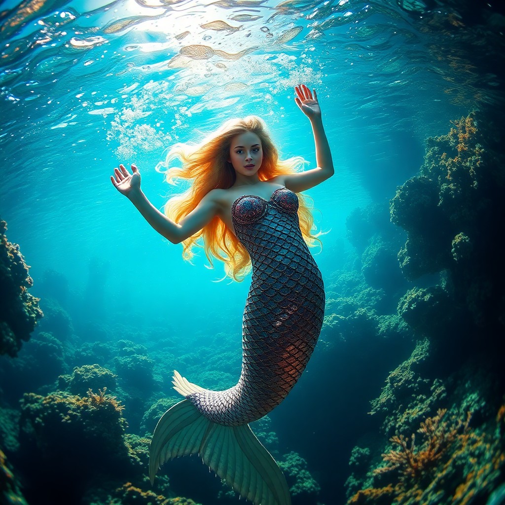 AI generated art for prompt: Envision an underwater fantasy scene with a hyper-realistic artistic approach: a mesmerizing mermaid