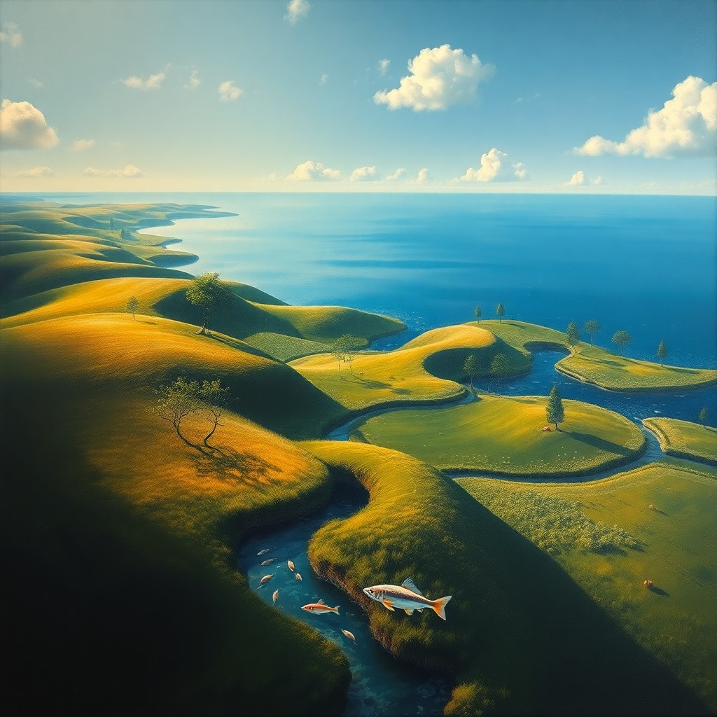 AI generated art for prompt: A captivating oil painting depicts a surreal landscape where rolling hills blend seamlessly with vas