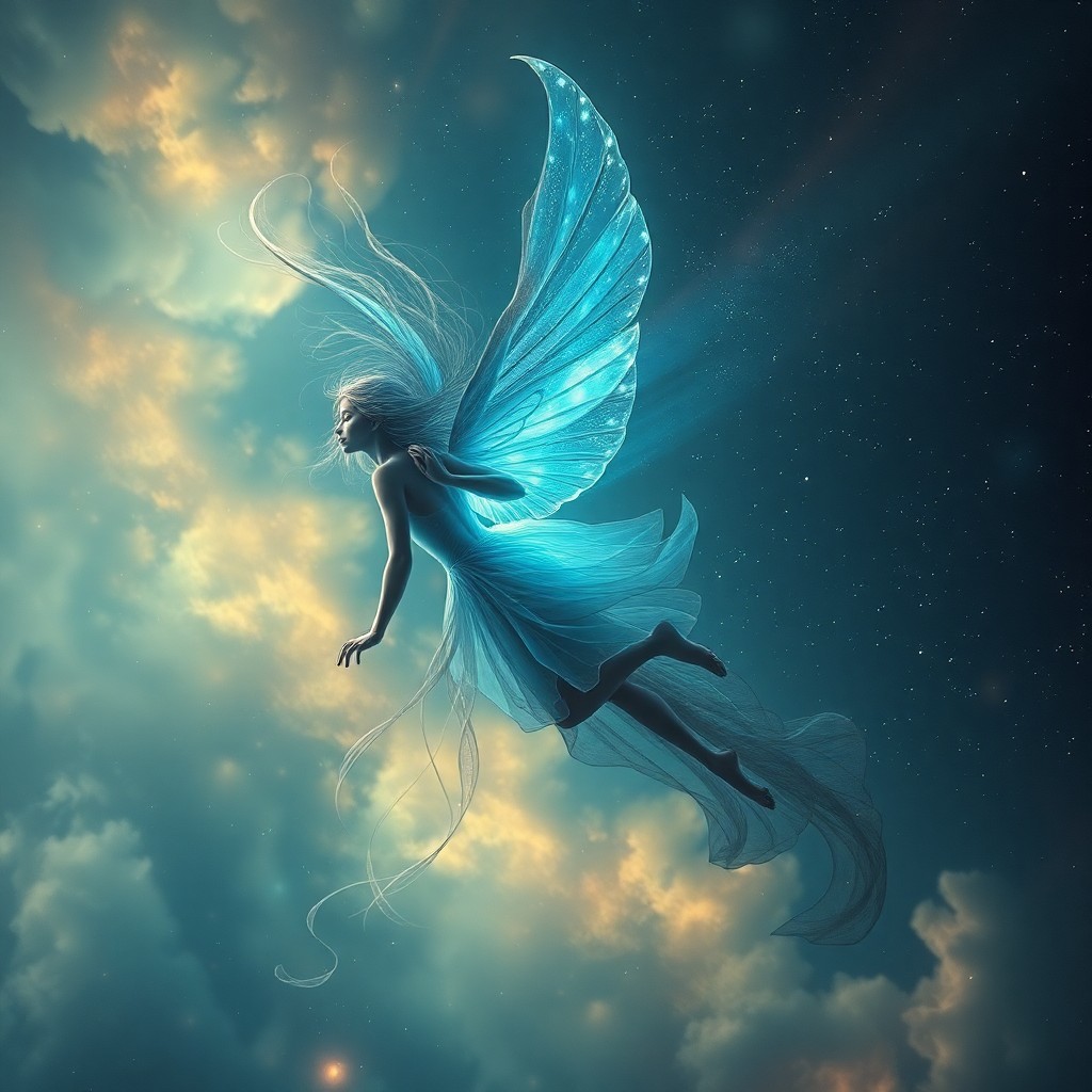 AI generated art for prompt: A dreamlike dreamscape, reminiscent of surrealism's ethereal beauty, showcases an otherworldly nymph