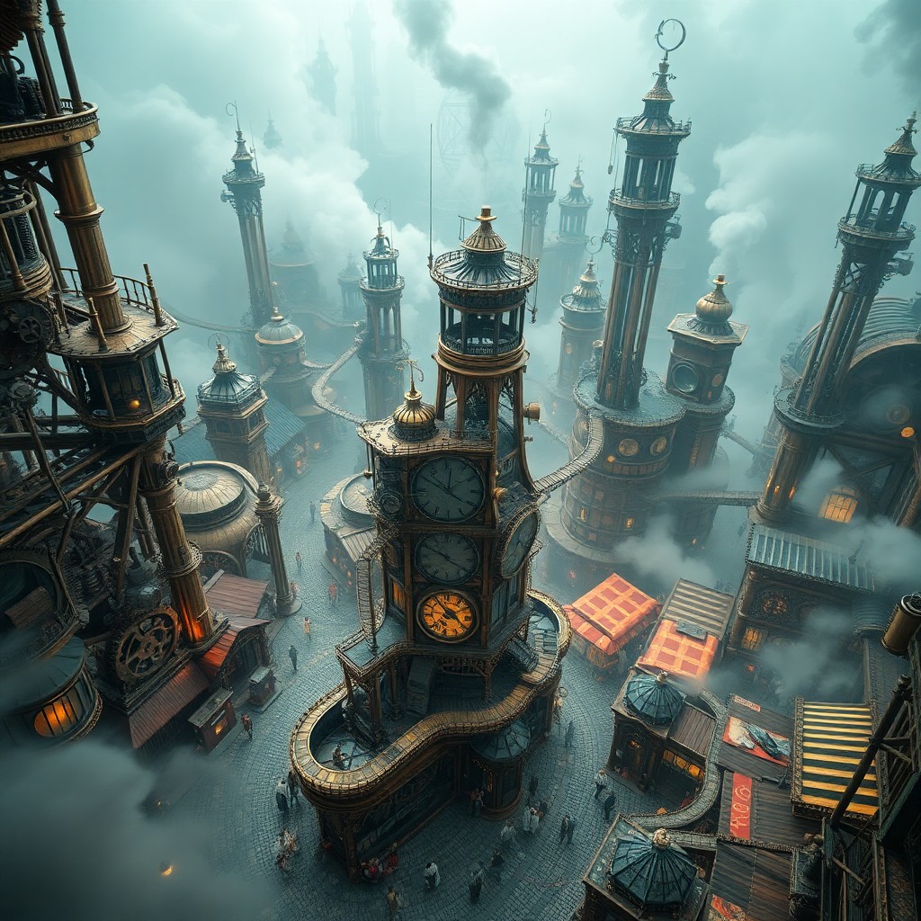 AI generated art for prompt: A surreal steampunk cityscape emerges from an aerial viewpoint, showcasing winding cobblestone stree