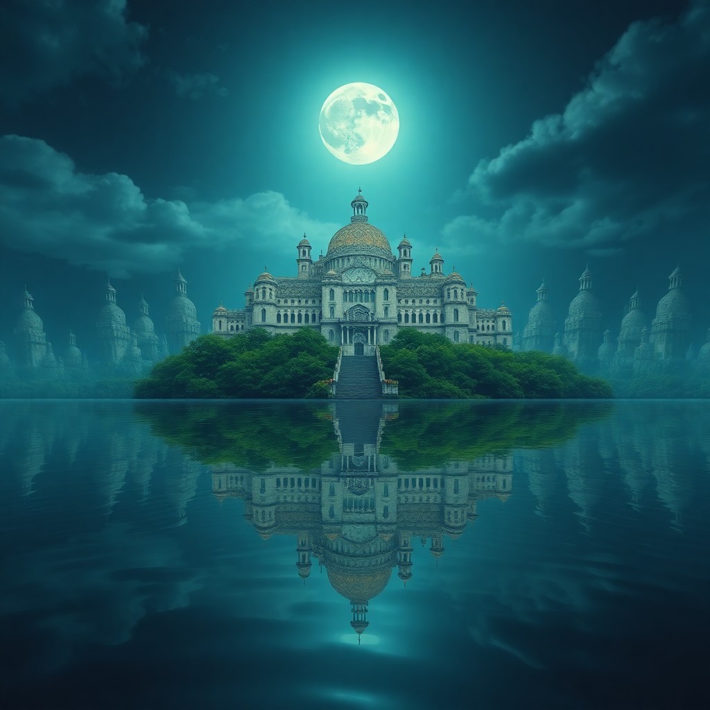 AI generated art for prompt: A surreal digital artwork captures the essence of a tranquil lake reflecting moonlight, casting an e