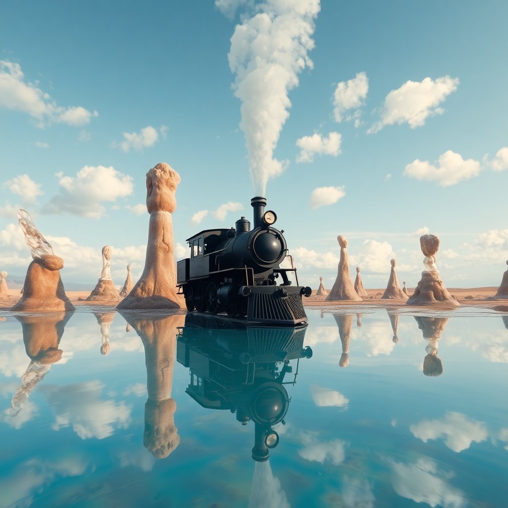 AI generated art for prompt: Imagine a surreal landscape where an antique steam engine rises from a reflective pool, its silhouet