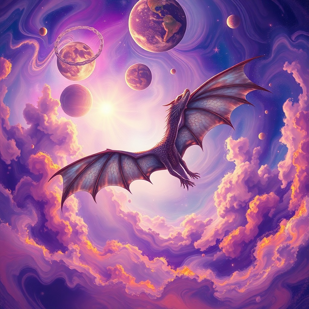 AI generated art for prompt: A surreal dreamscape unfolds as a majestic dragon gracefully glides through a sky painted with swirl