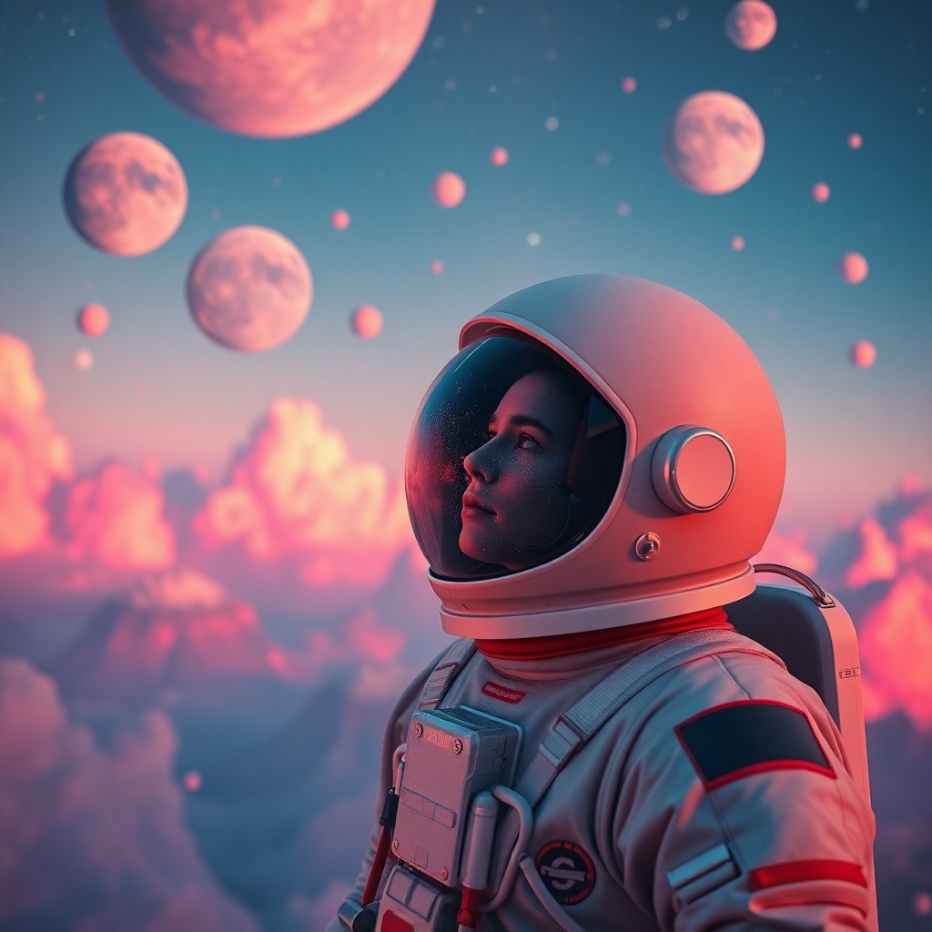 AI generated art for prompt: A surreal dreamscape featuring an astronaut adrift in a sky filled with oversized celestial bodies p