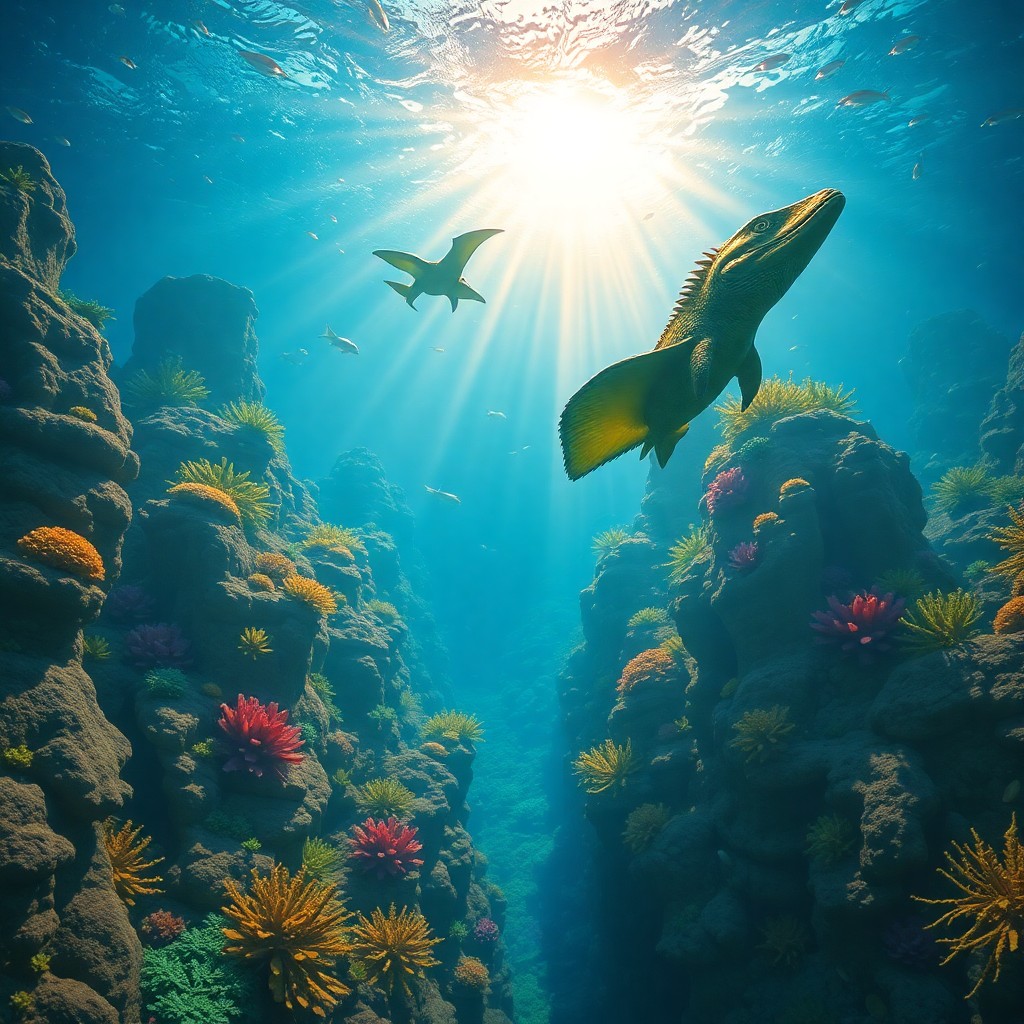 AI generated art for prompt: Create an alluring underwater realm reminiscent of James Gurney's "Dinotopia" series, where grand fl