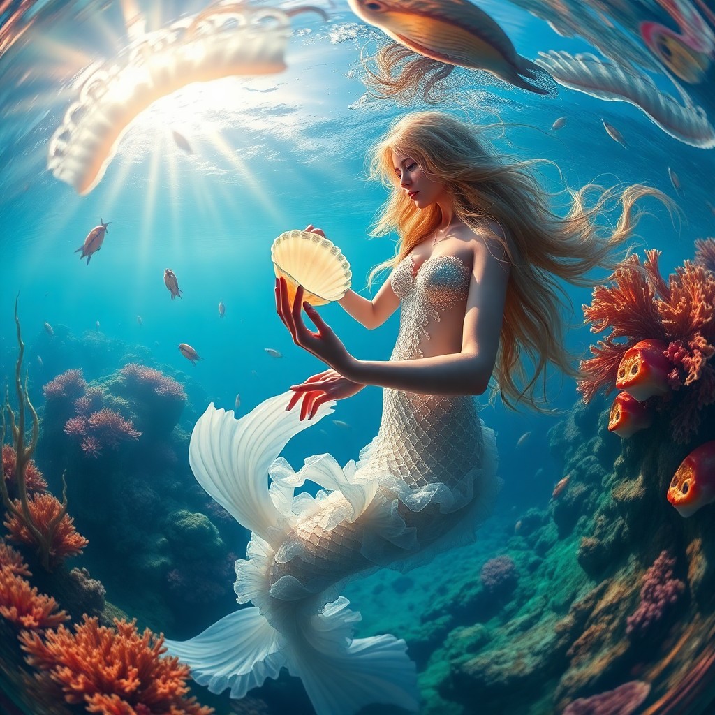 AI generated art for prompt: A mesmerizing digital art composition captures an enchanting underwater scene from an otherworldly p