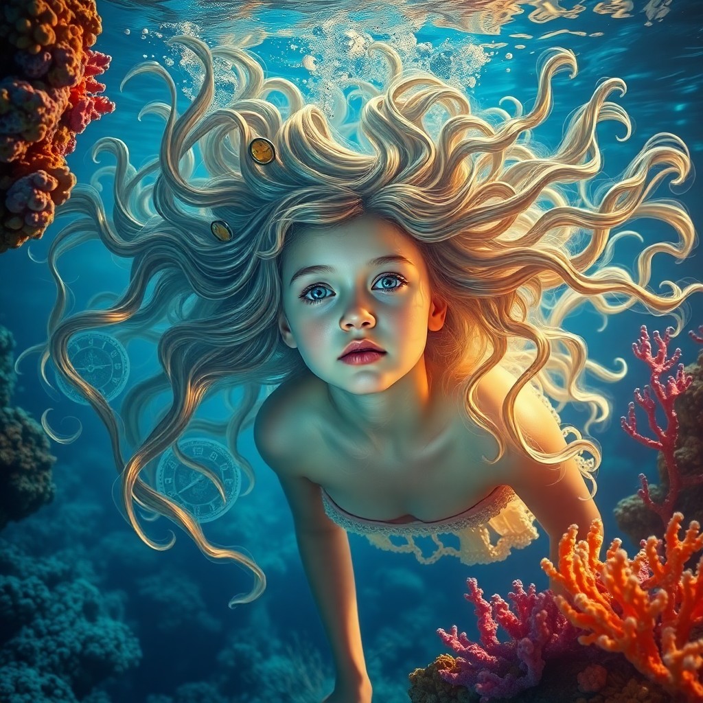 AI generated art for prompt: A surreal underwater portrait featuring a young girl with flowing, ethereal hair reminiscent of melt