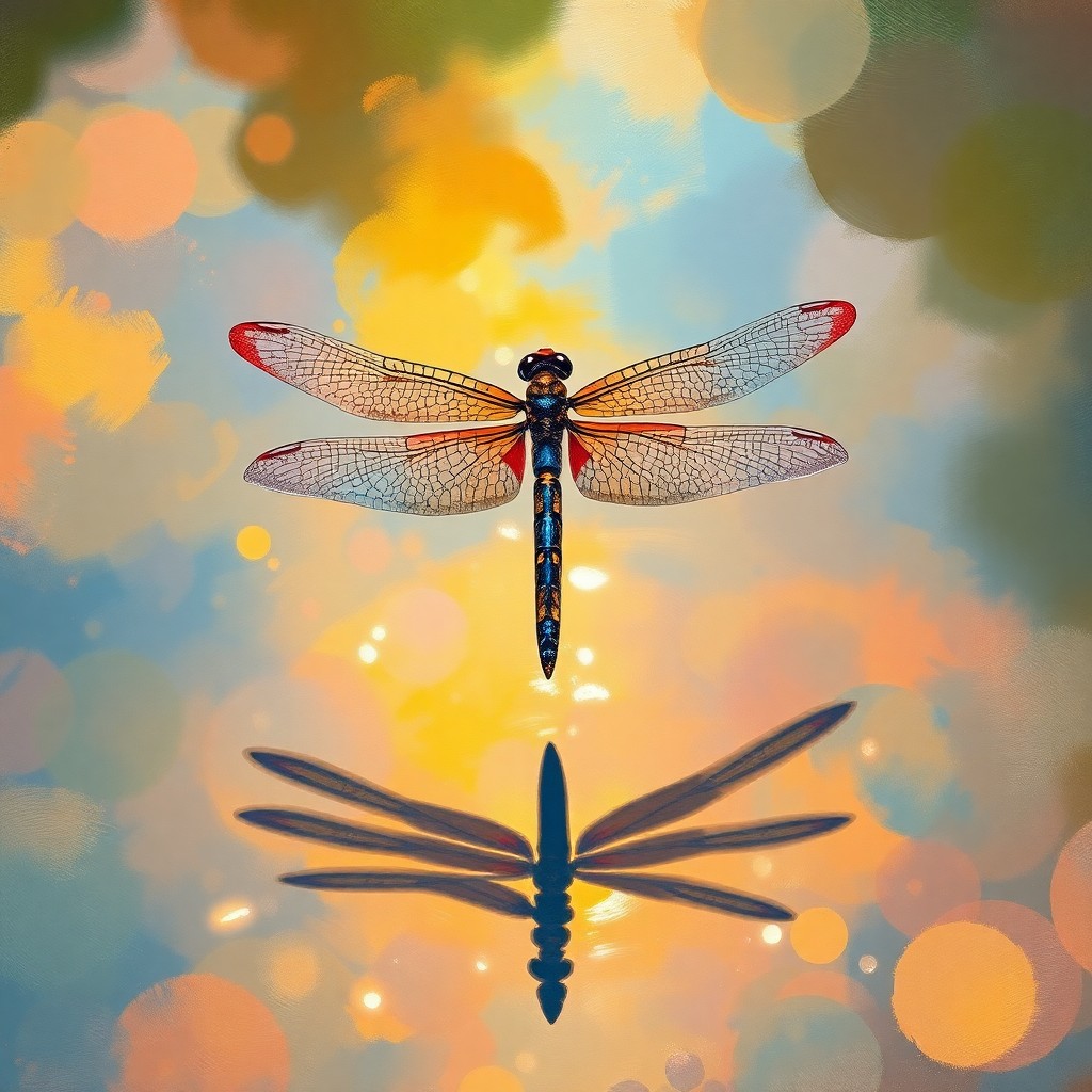 AI generated art for prompt: An elegant dragonfly, painted with lively impressionist strokes evoking Monet's landscapes, graceful