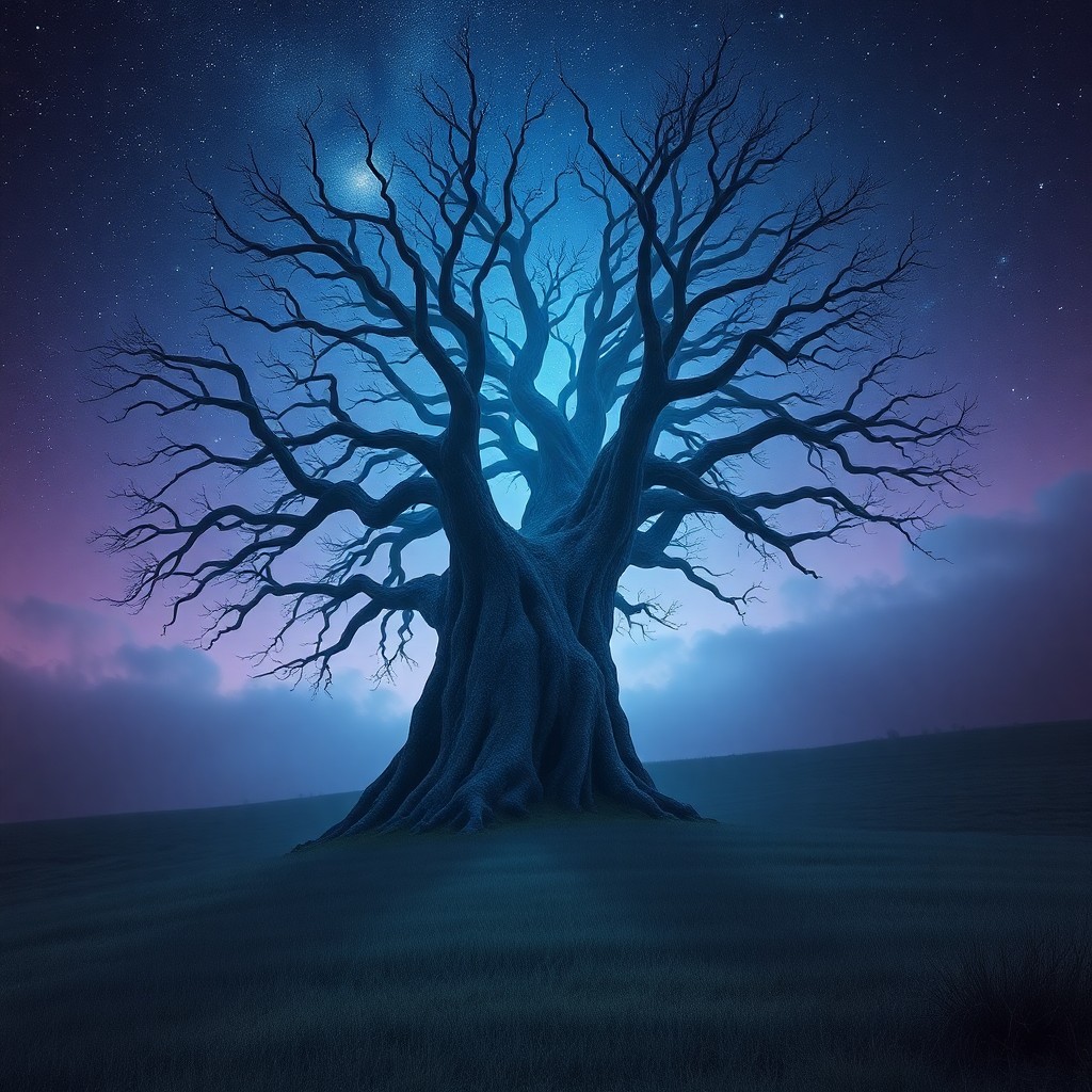 AI generated art for prompt: A surreal landscape captures the essence of dreamlike wonder with an ancient tree towering above a v