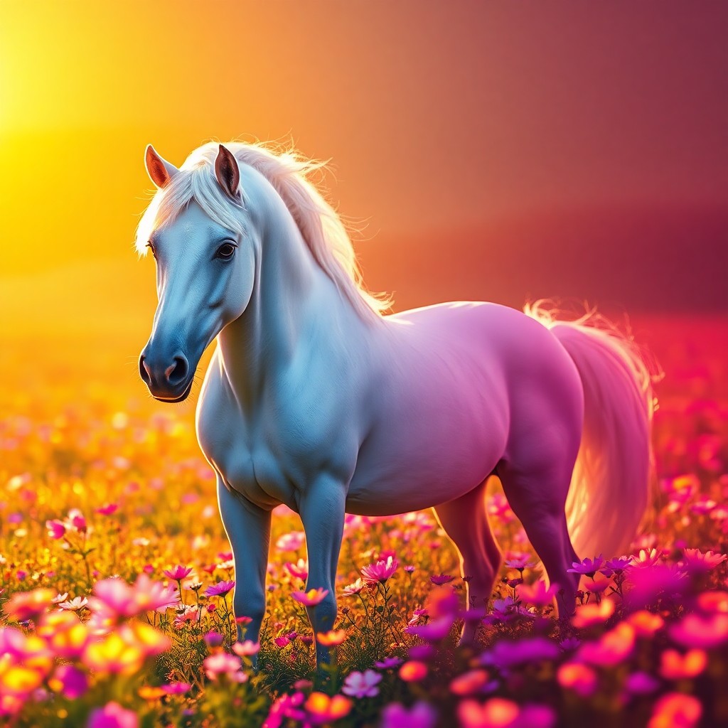 AI generated art for prompt: A majestic unicorn stands amidst a field of vibrant iridescent flowers during the golden hour, its e