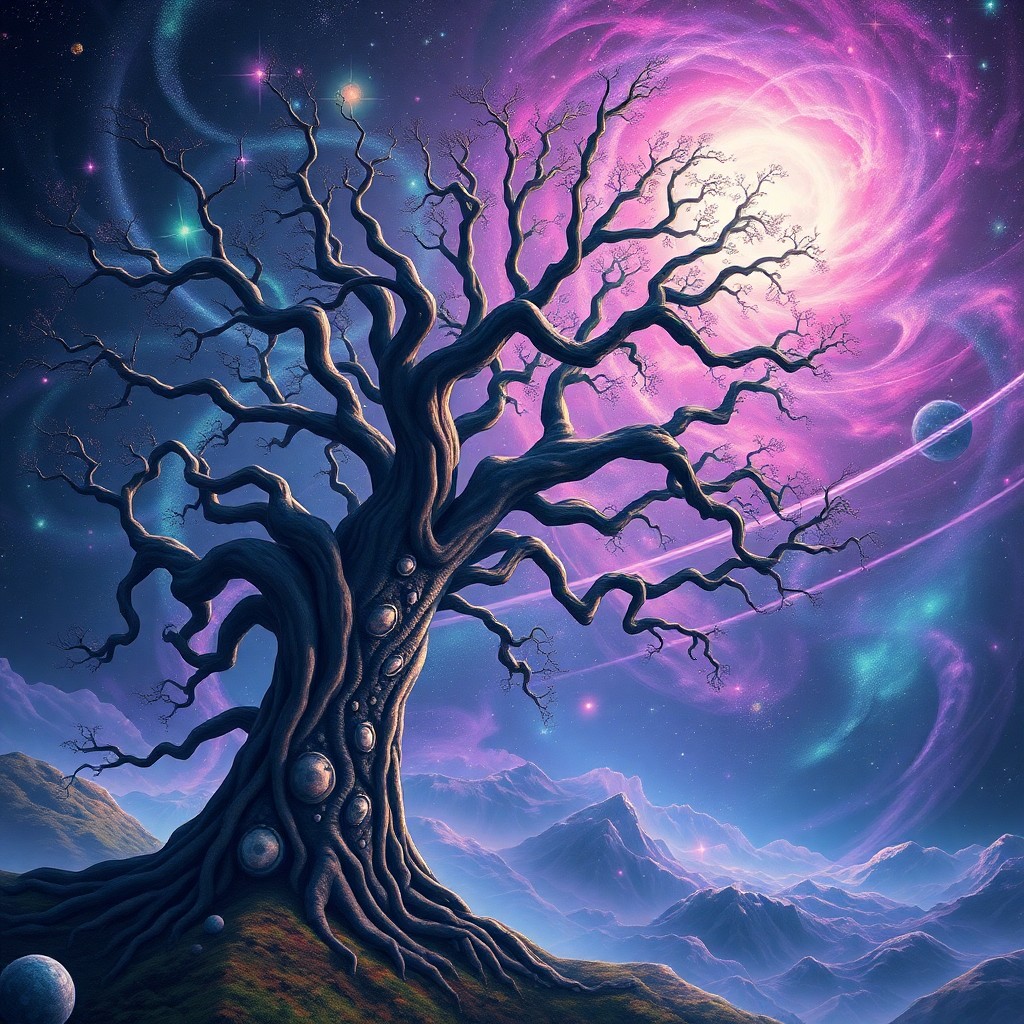 AI generated art for prompt: A surreal digital art composition showcasing an imposing, primordial tree with sinuous, otherworldly