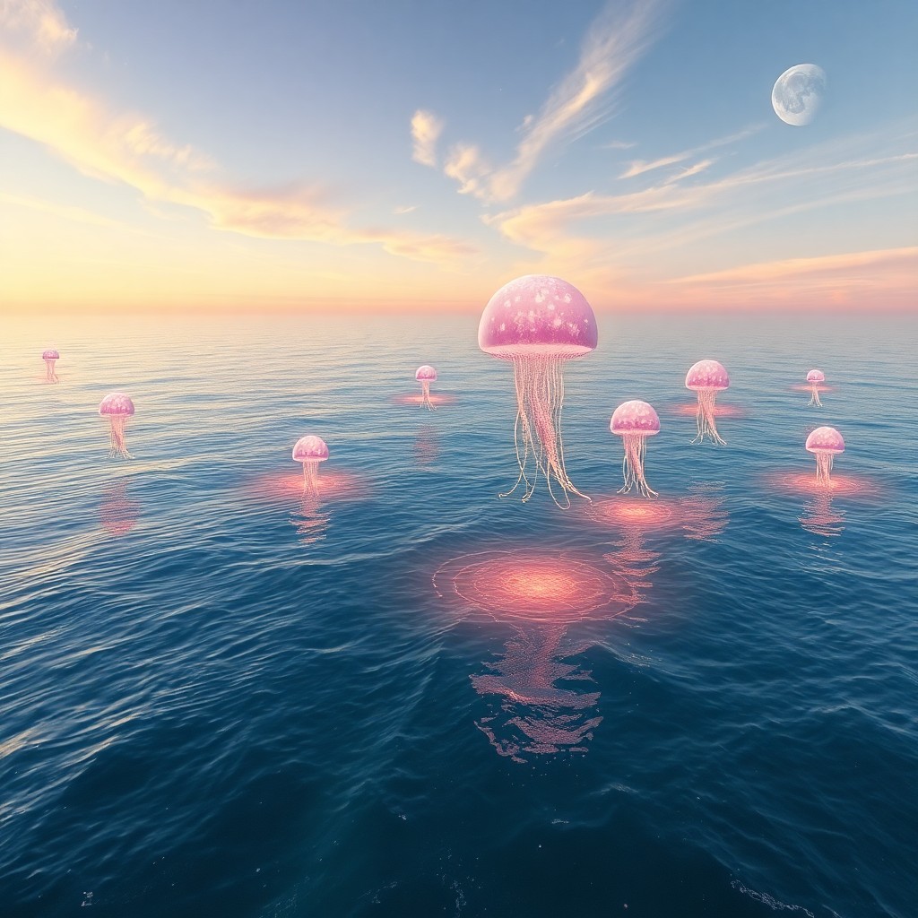 AI generated art for prompt: Envision a surreal landscape where the sky seamlessly merges with the ocean, creating an enchanting 