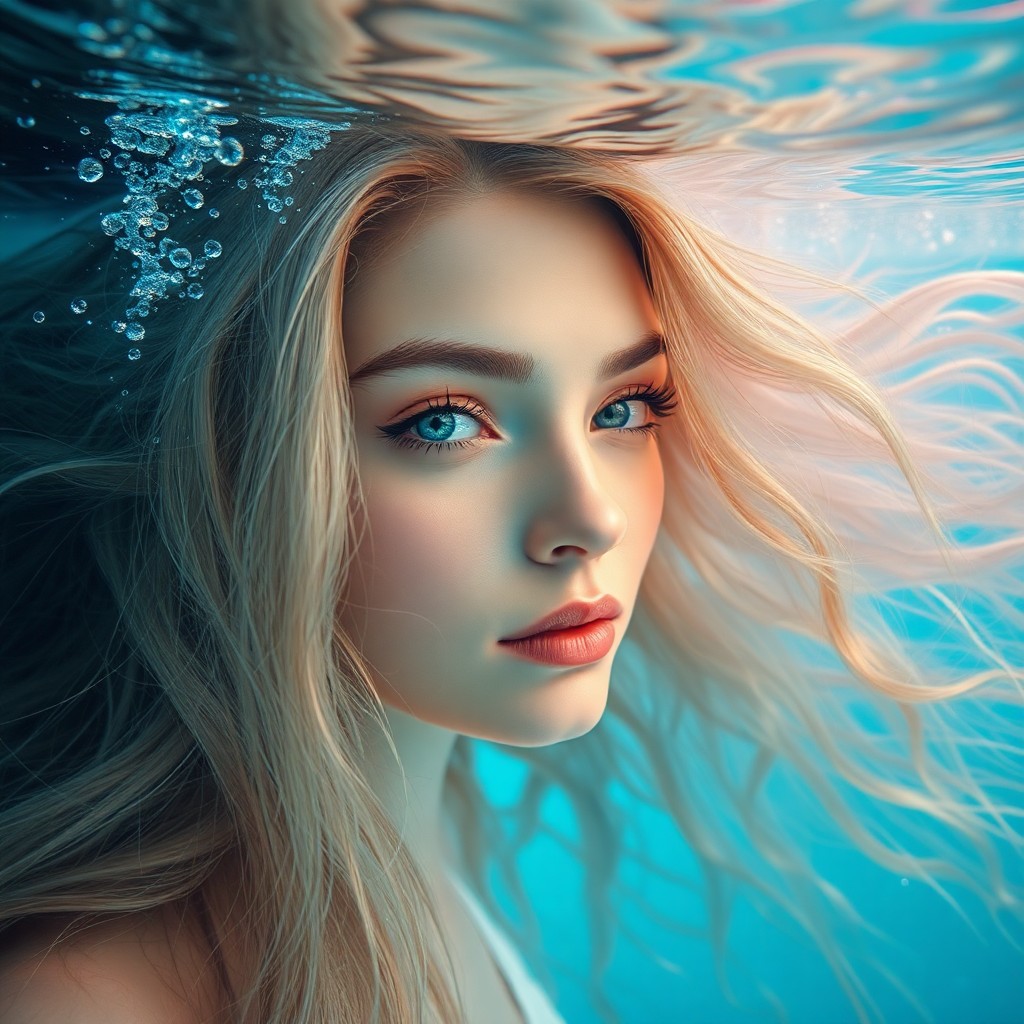 AI generated art for prompt: A dreamy portrait depicting a captivating woman with flowing tresses reminiscent of cascading waterf