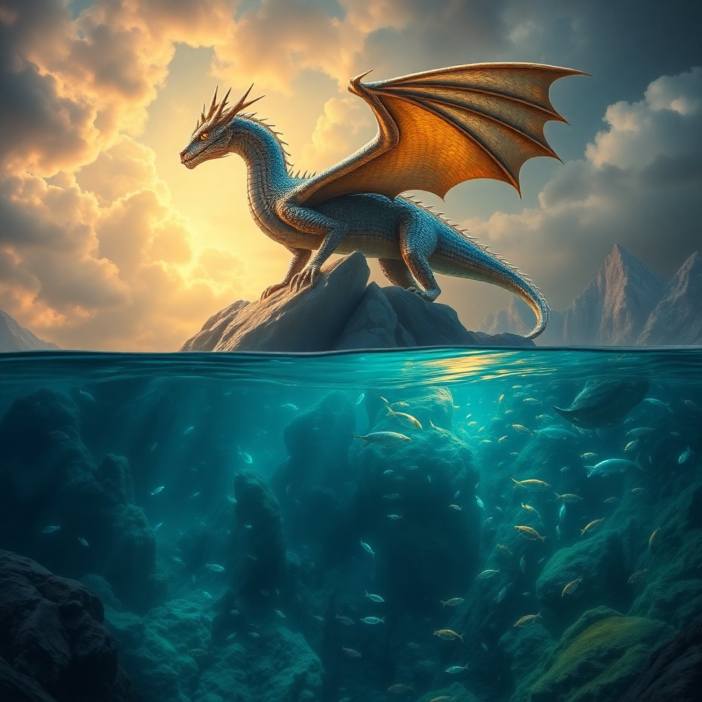 AI generated art for prompt: A majestic dragon with scales shimmering in hues of iridescence and golden eyes surveys its domain f