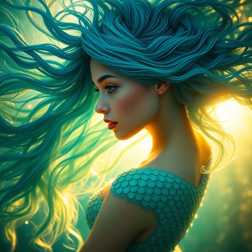 AI generated art for prompt: Craft an enchanting photorealistic portrait of a whimsical mermaid princess with flowing hair in vib