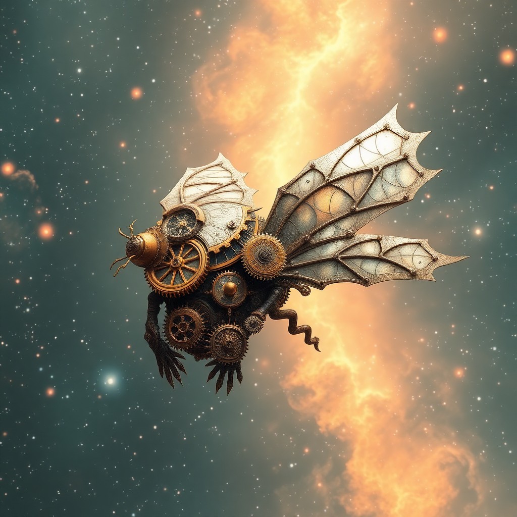 AI generated art for prompt: An awe-inspiring steampunk clockwork creature soars through a vast cosmic nebula, its metallic scale