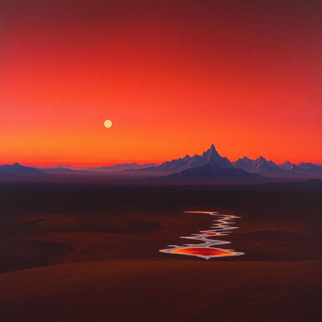 AI generated art for prompt: A surreal oil painting depicting an expansive desert landscape under a crimson twilight sky, transit