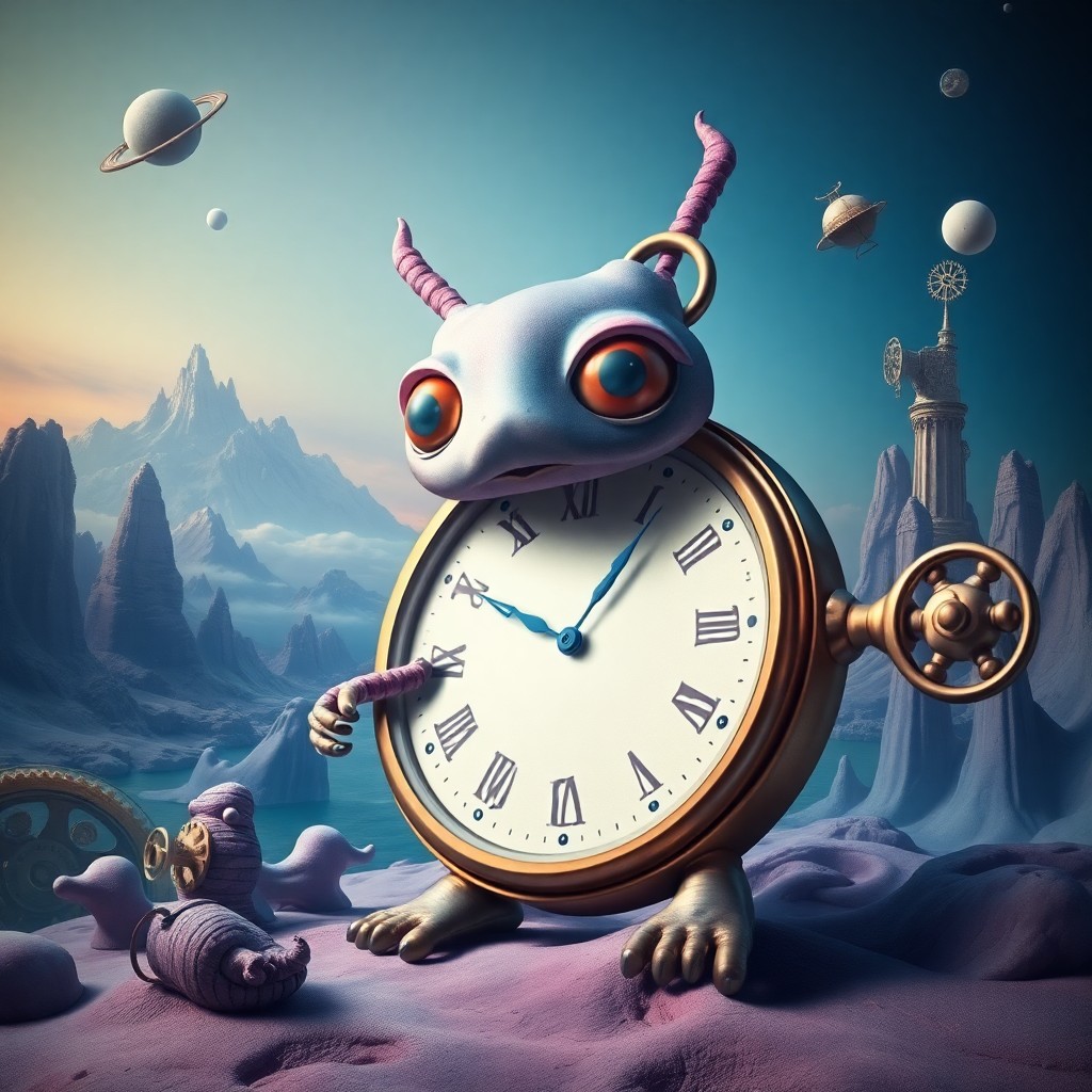 AI generated art for prompt: Imagine a surreal portrait reminiscent of Dali's dreamscapes, featuring an anthropomorphic timepiece