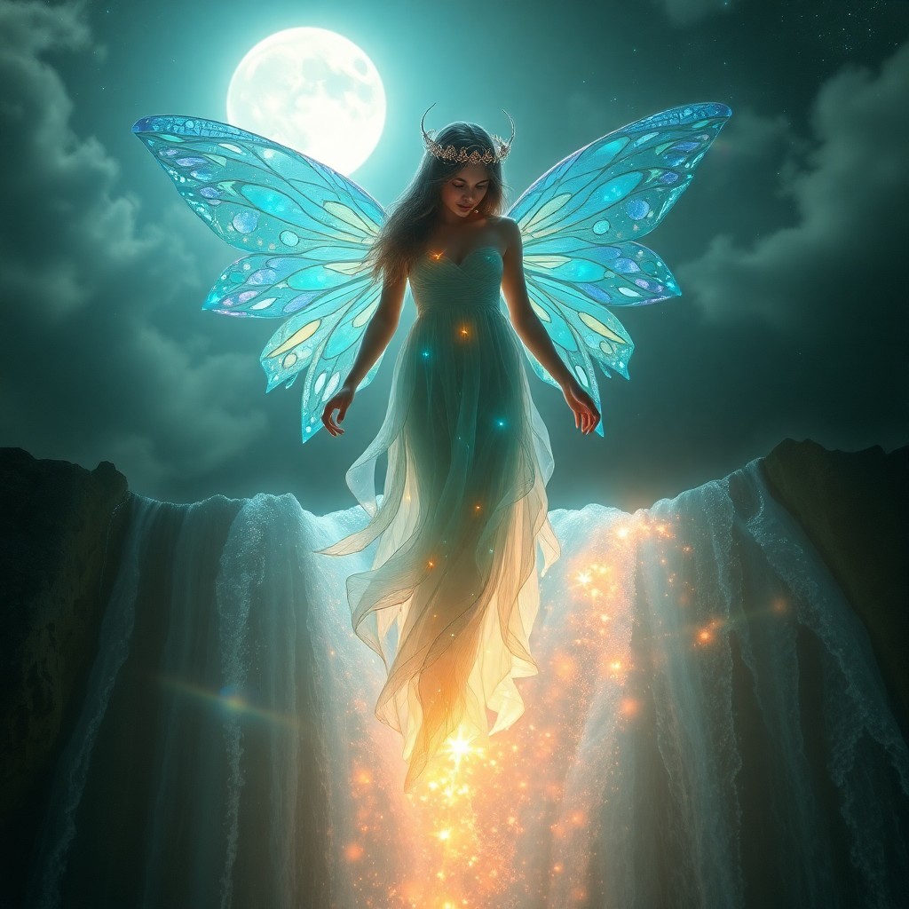 AI generated art for prompt: An enigmatic portrait in an ethereal style captures a celestial fairy adorned with iridescent wings 