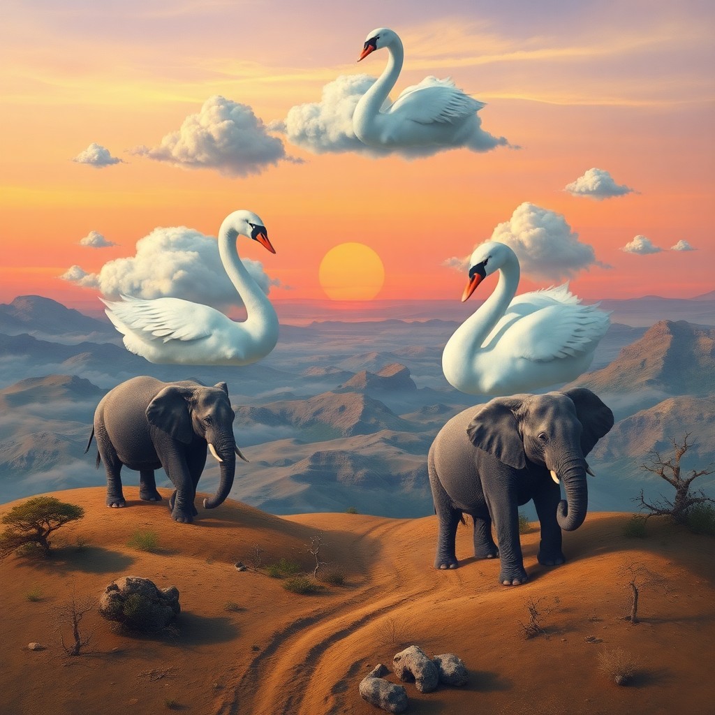 AI generated art for prompt: Create an enchanting surreal landscape reminiscent of Salvador Dali's dreamscapes, featuring whimsic