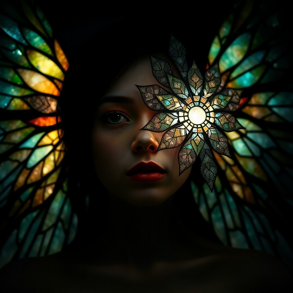 AI generated art for prompt: A surreal portrait showcases an enigmatic figure with delicate, shimmering wings reminiscent of stai