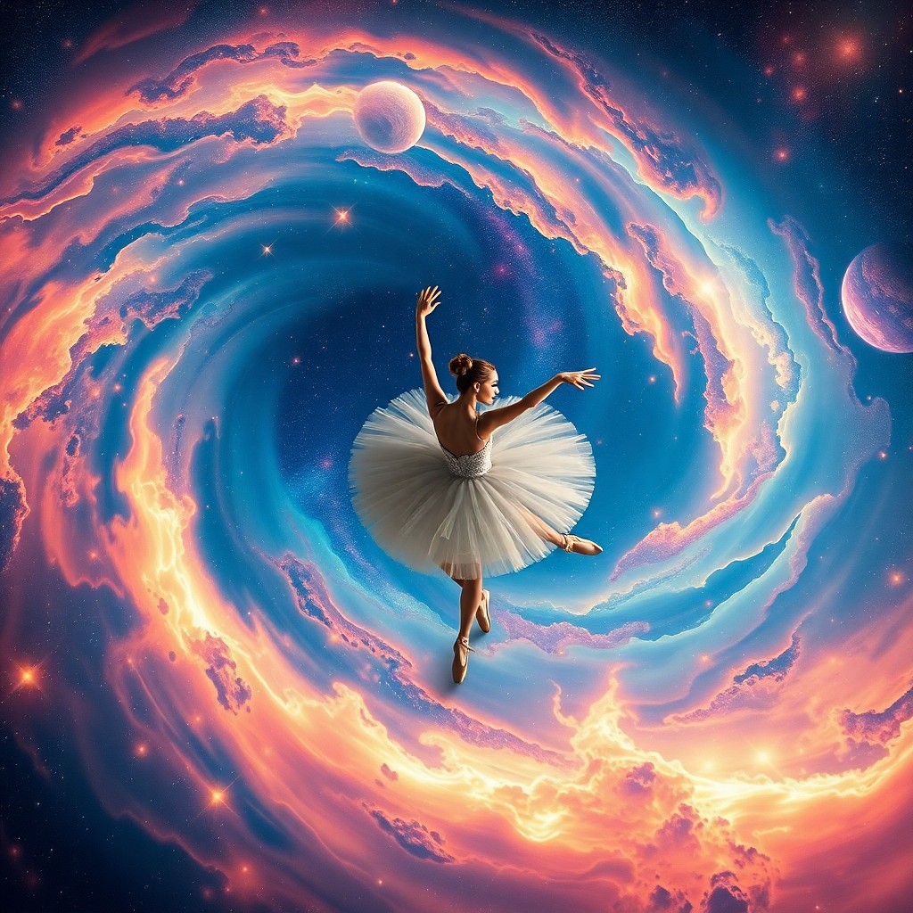 AI generated art for prompt: In an awe-inspiring landscape reminiscent of a celestial masterpiece, a ballet dancer gracefully pir