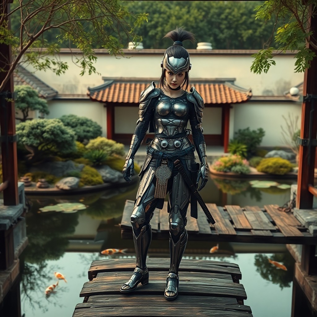 AI generated art for prompt: A digital art portrait of a cyborg samurai woman in complete warrior attire, where her metal armor g