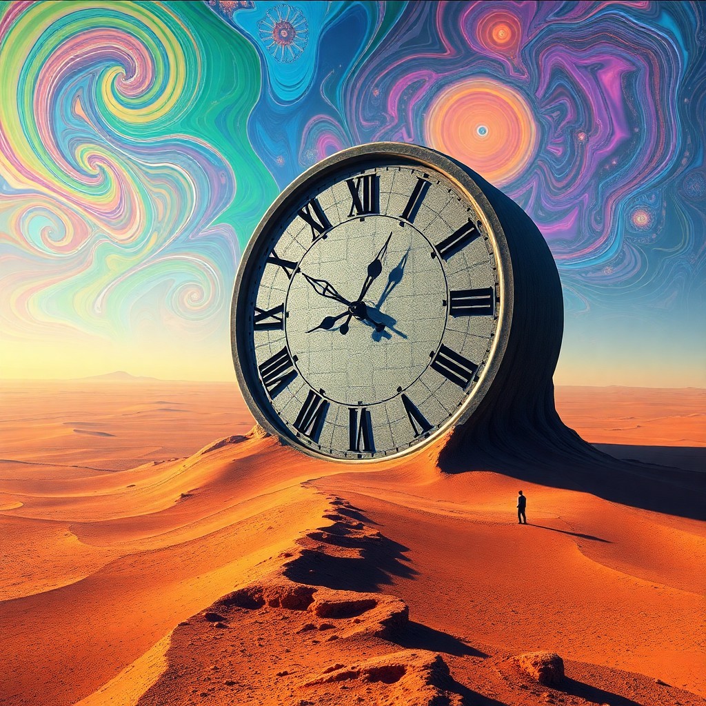 AI generated art for prompt: Craft an enchanting digital artwork depicting a surreal landscape where a colossal clock face, remin