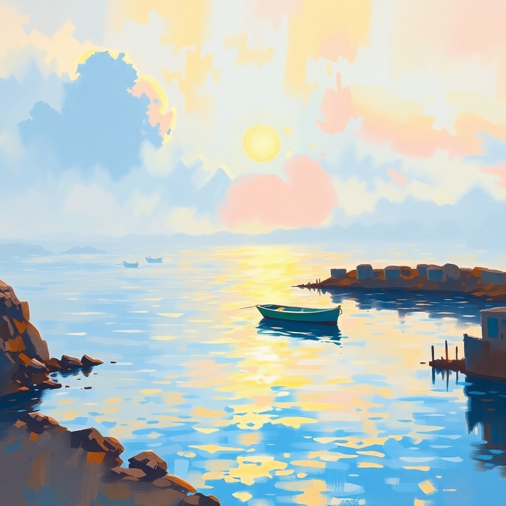 AI generated art for prompt: Imagine an impressionistic coastal scene inspired by the tranquil landscapes of Monet's oeuvre, wher