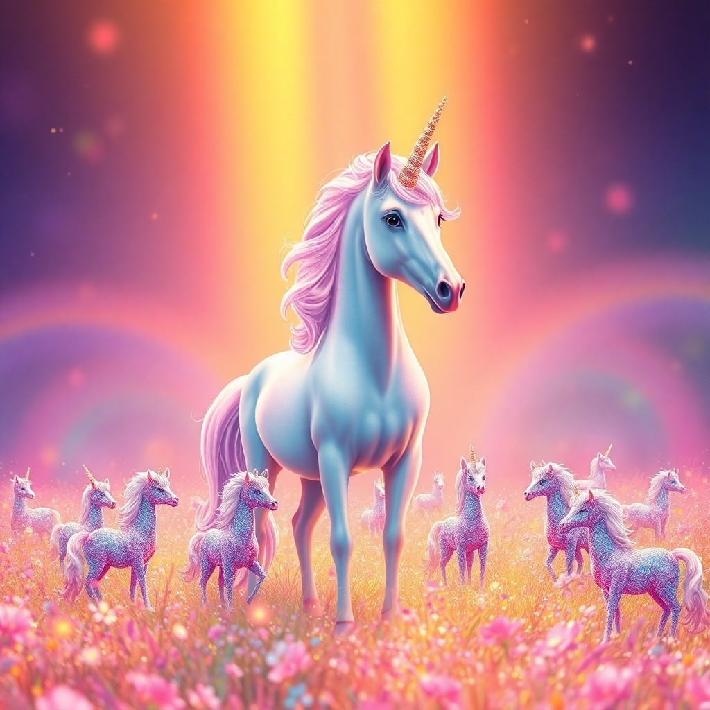 AI generated art for prompt: An enchanting scene unfolds in an artistic style reminiscent of Lisa Frank's nostalgic childhood vib