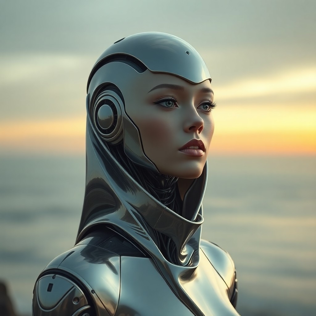 AI generated art for prompt: A surreal portrait portraying a female android with flowing metallic features reminiscent of a liqui