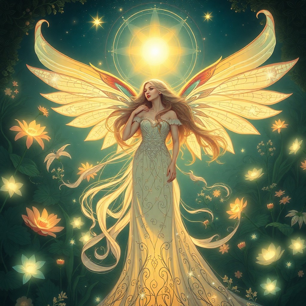 AI generated art for prompt: Create an image showcasing a captivating full-length portrait of an ethereal nymph in an enchanting 