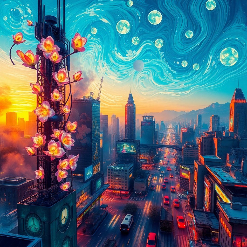 AI generated art for prompt: An aerial perspective of an energetic metropolis during twilight, reminiscent of Vincent van Gogh's 