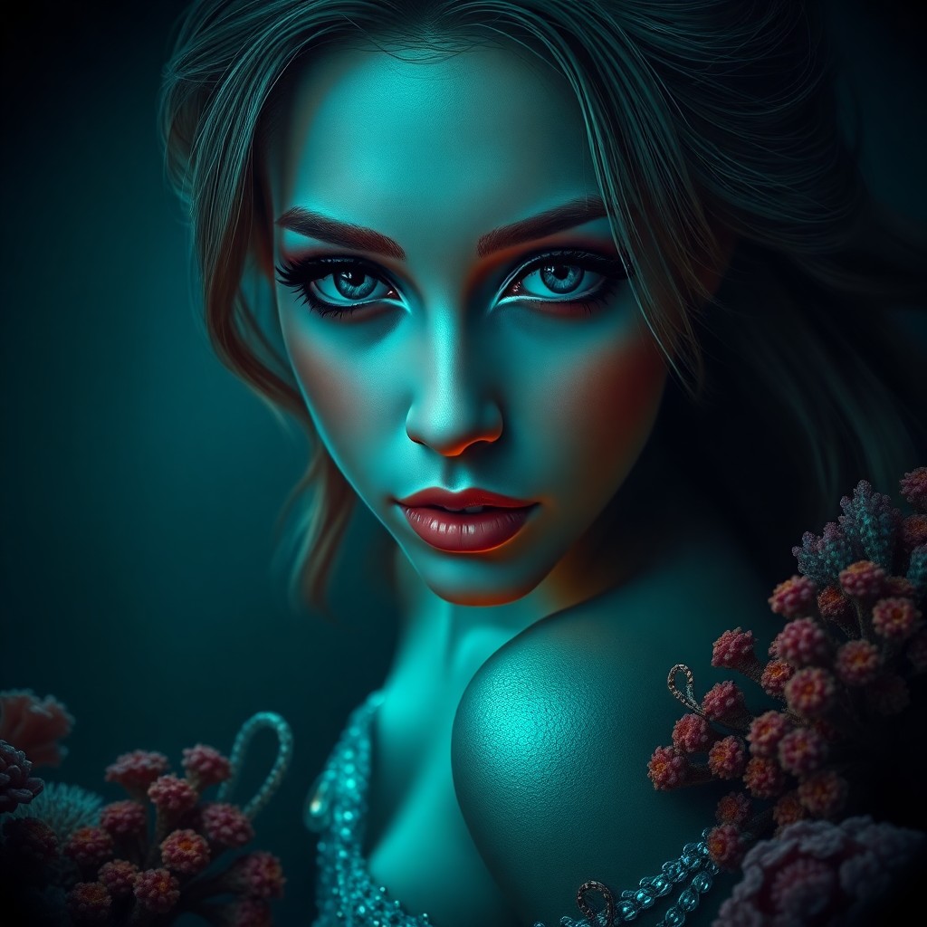 AI generated art for prompt: An alluring portrait in the style of dramatic chiaroscuro, showcasing a mesmerizing mermaid with iri