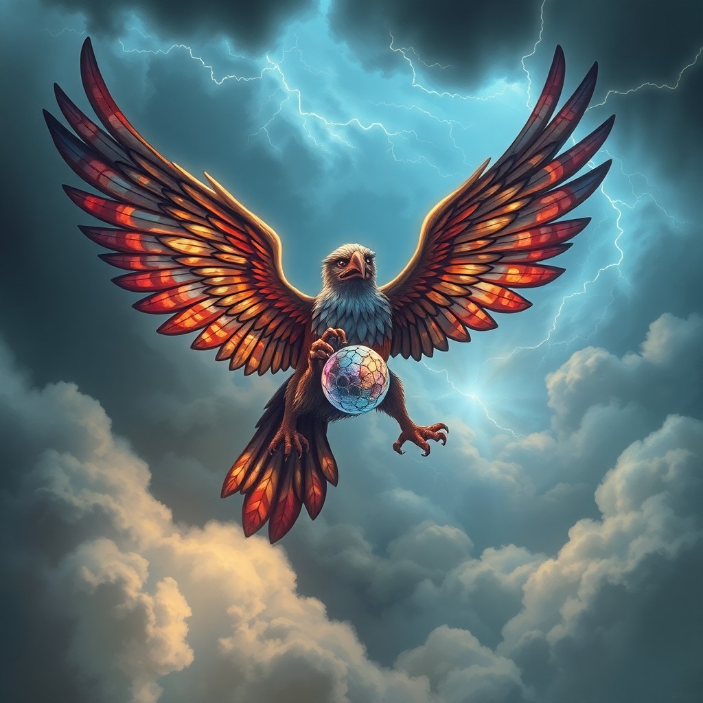 AI generated art for prompt: A captivating digital illustration captures an awe-inspiring griffin soaring through a tempestuous s