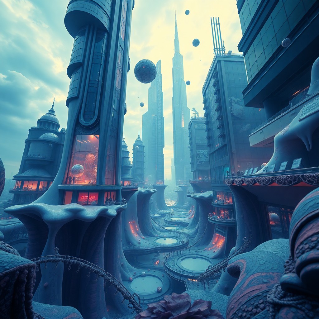 AI generated art for prompt: Create an image showcasing a surreal futuristic cityscape viewed from a unique perspective, akin to 