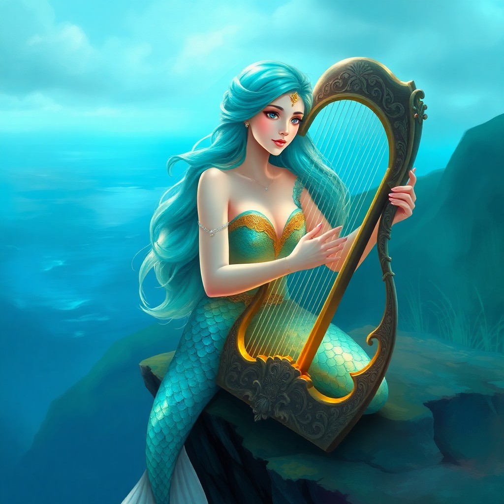 AI generated art for prompt: A captivating digital art portrait depicting a mermaid princess with shimmering scales in vivid shad