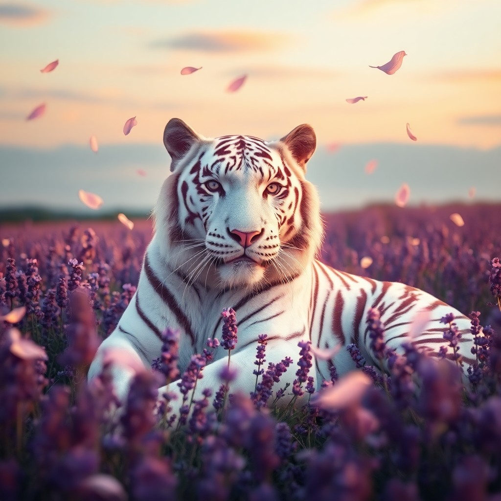 AI generated art for prompt: An impressionistic dreamscape should be depicted with a majestic white tiger resting amidst a field 