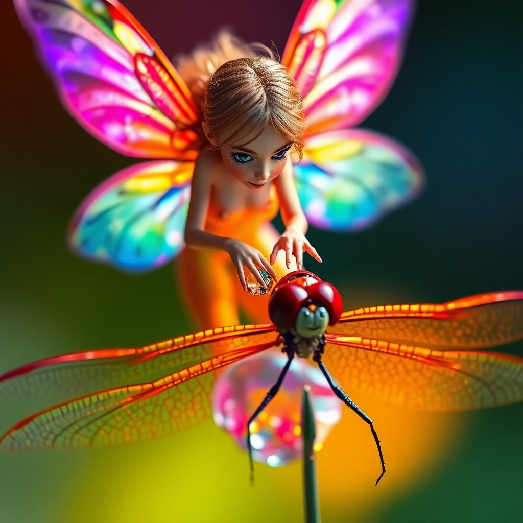 AI generated art for prompt: A portrait of an enchanting fairy with iridescent wings, reminiscent of Lisa Frank's vivid hues, gra