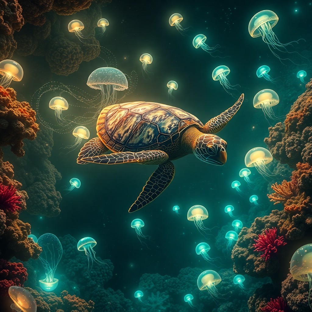 AI generated art for prompt: Imagine an enchanting underwater realm where a majestic sea turtle elegantly glides through a flouri