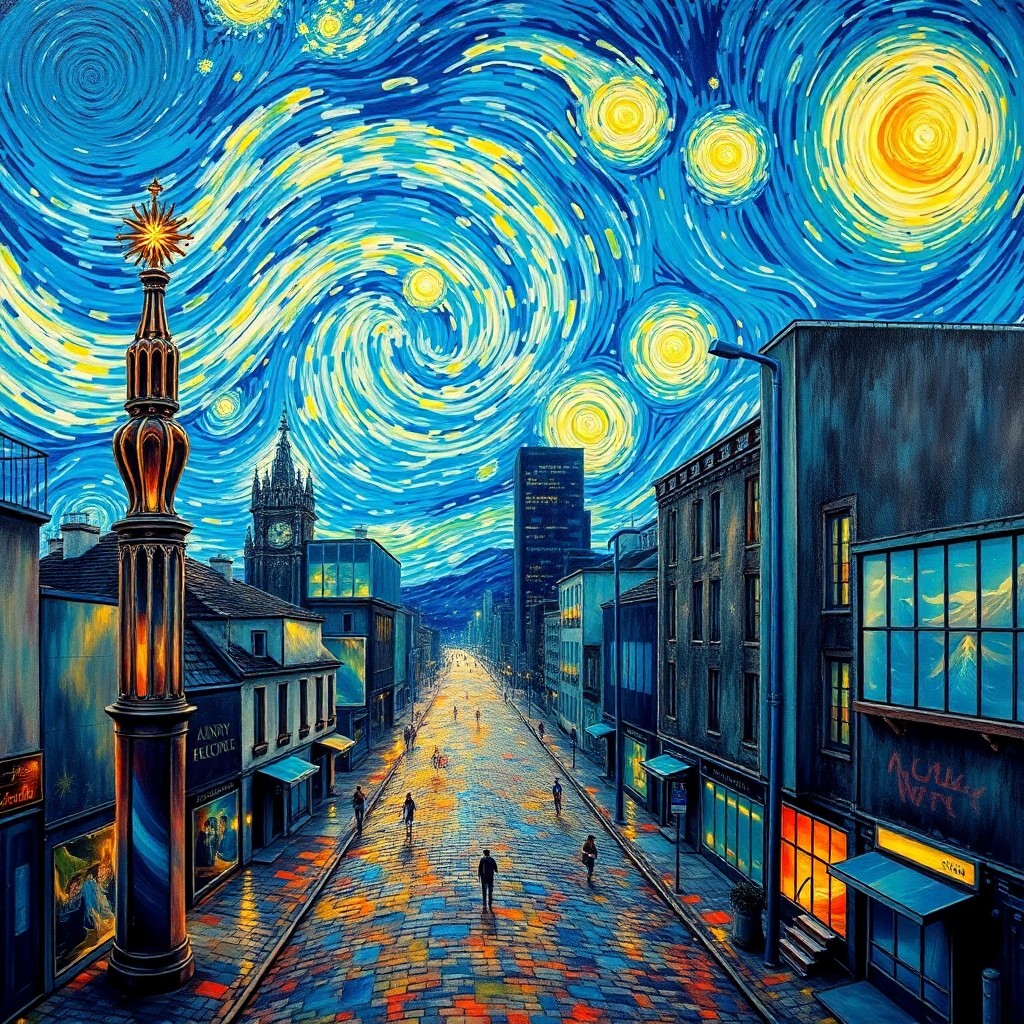 AI generated art for prompt: A mesmerizing oil painting captures the essence of Van Gogh's "The Starry Night" with an innovative 