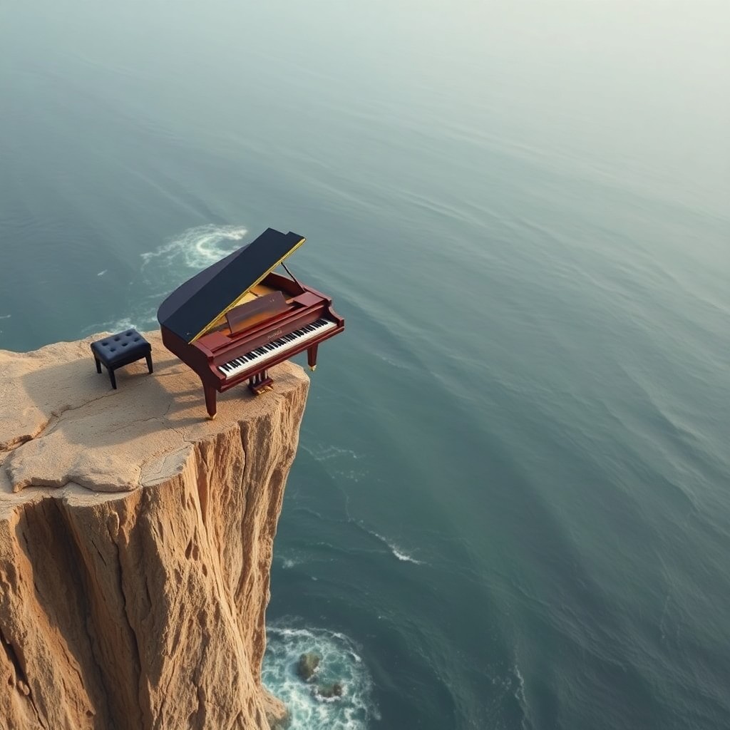 AI generated art for prompt: Craft an image that embodies surrealism, featuring a grand piano precariously positioned on the edge