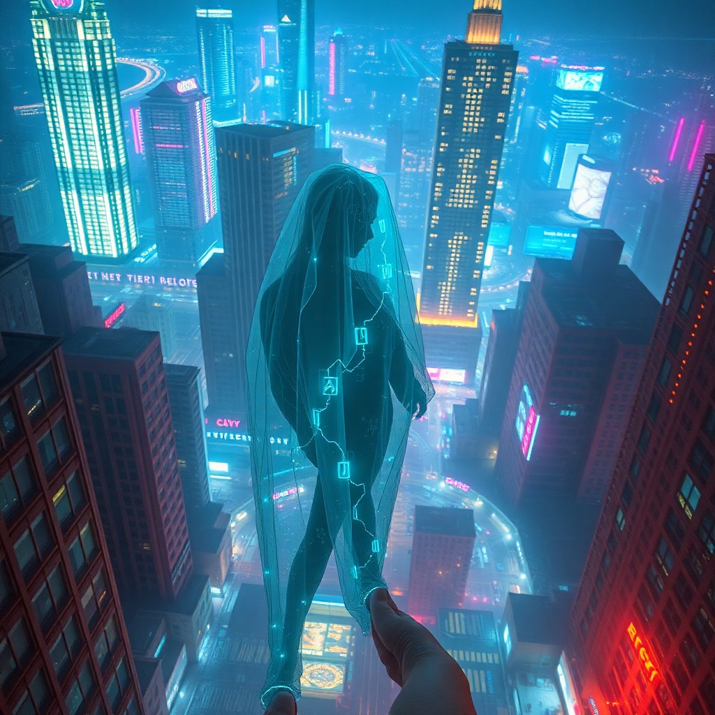 AI generated art for prompt: A futuristic cyberpunk scene comes to life, inspired by the dreamlike narratives of Lynchian storyte