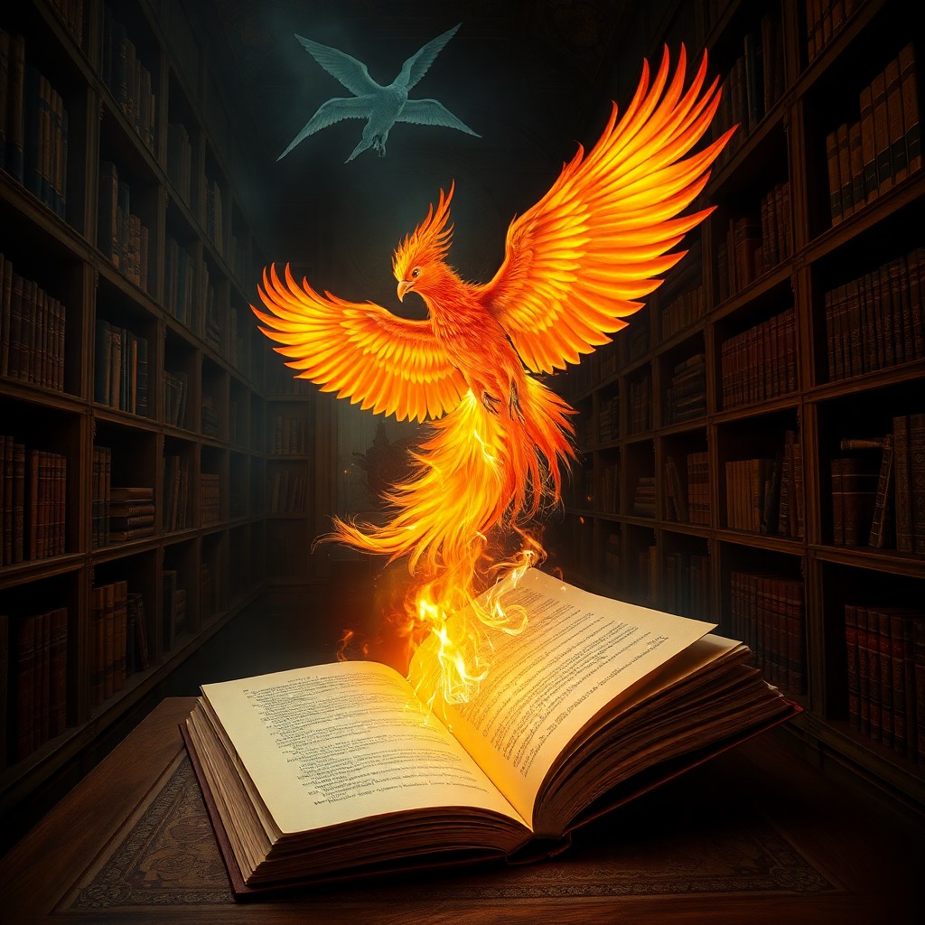 AI generated art for prompt: A majestic phoenix rises from the pages of an ancient, mystical tome in the surrealistic style of Da