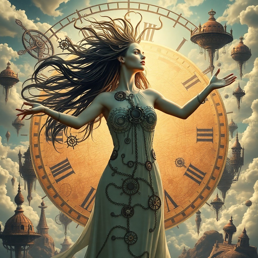 AI generated art for prompt: A dreamlike portrait captures an otherworldly female figure rising from a clock face in a whimsical 